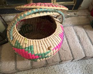 Vintage Woven Straw Basket with Lid and Handle - Snake Charmer Style