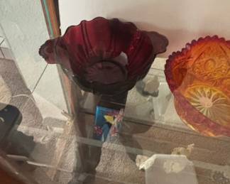 Ruby Red Glass Footed Bowl - Oyster and Pearl Pattern