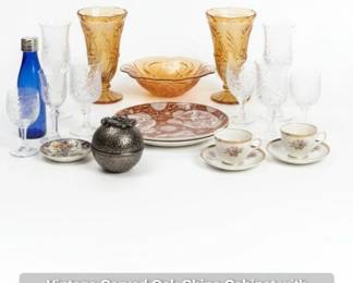 Vintage Carved Oak China Cabinet with Glass Doors and Shelves