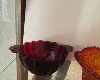 Ruby Red Glass Footed Bowl - Oyster and Pearl Pattern