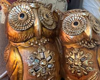 Pair of Decorative Gold-Tone Owls with Mosaic Embellishments