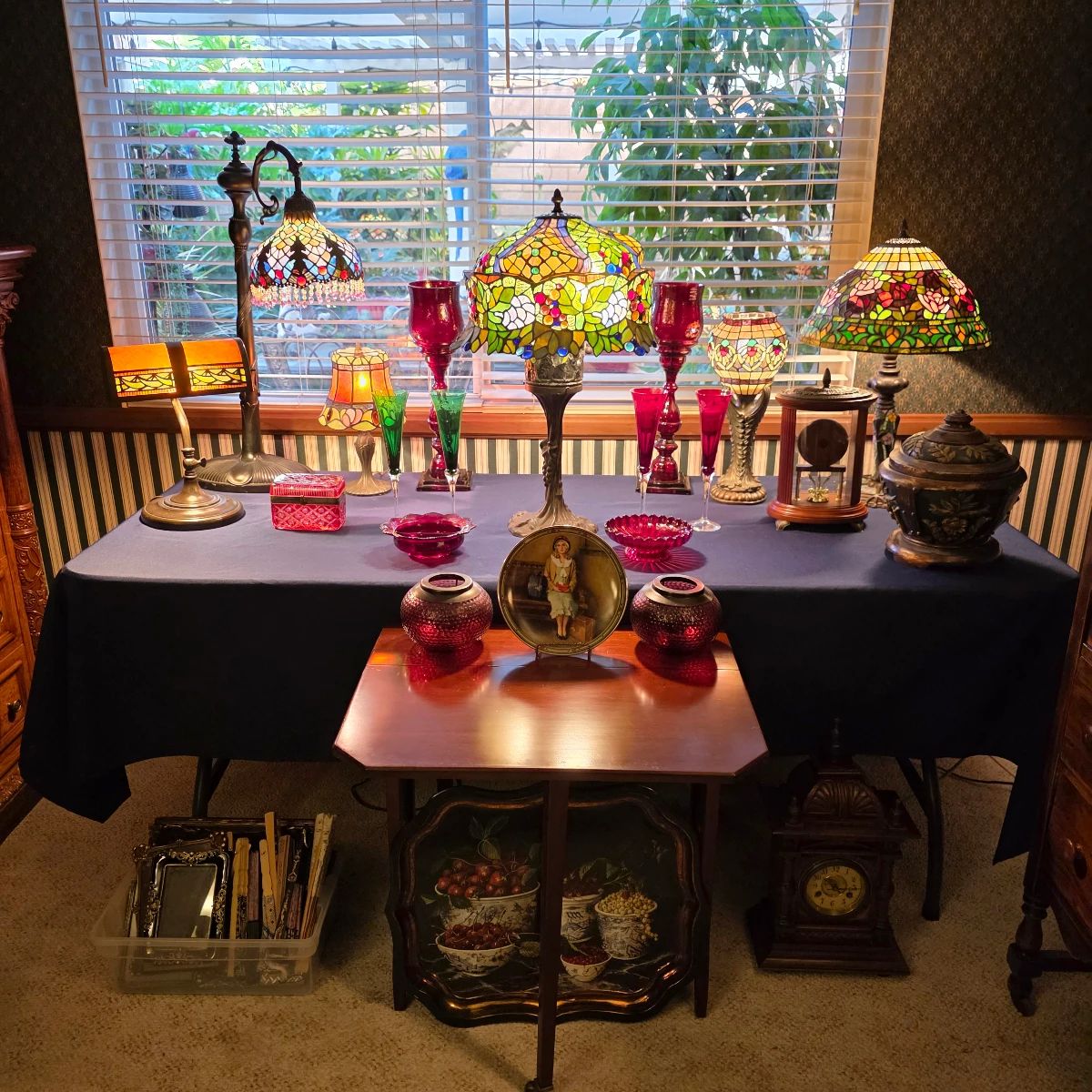 A concentrated grouping of Tiffany-style lighting, with multiple examples presented together.