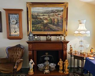 Gorgeous vintage parlor lamp, vintage clocks, and art