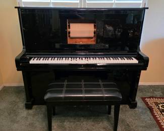 Schafer & Sons VS52 black lacquer upright player piano, working condition, includes 90 music rolls