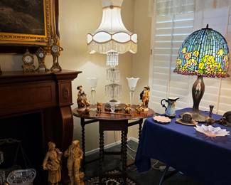 Gorgeous vintage parlor lamp, antique drop leaf table, Tiffany style stained glass lamp