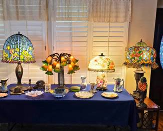 Impressive collection of Tiffany style stained glass lamps and vintage home decor