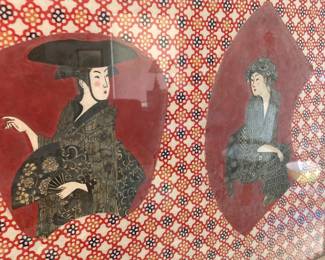 antique Japanese handprinted fans framed 