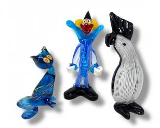 117 MuranoStyleArtGlassFigurinesClownCatBlackWhiteParrot