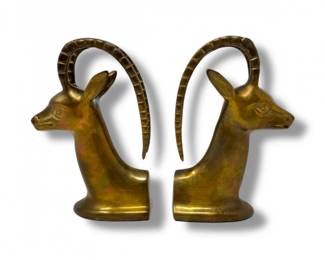 119 VintageBrassGazelleHeadBookendsPairSolidMetal