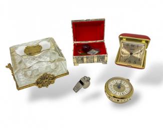 130 VintageAshtrayClocksAcmeThundererWhistleTrinketChest