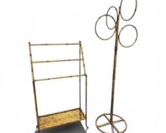 168 VintageHollywoodRegencyMETALFauxBambooRack4RingTowelStand