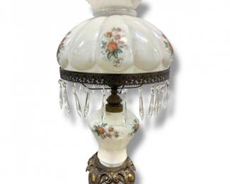 60 VictorianStyleParlorLampMilkGlassFloralShadeCrystalPrisms