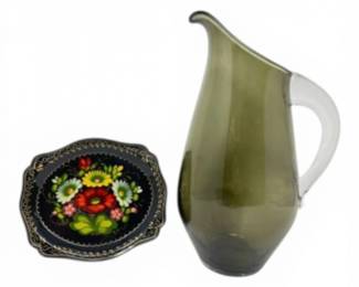160 SignedGreenArtGlassPitcherHandPaintedRussianFloralTray