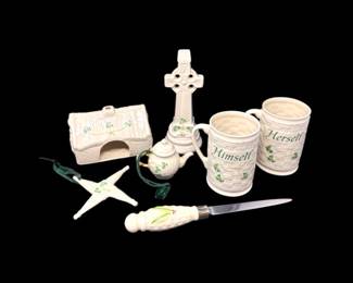 5 VintageBelleekIrelandPorcelainGroupMugsCrossCottage