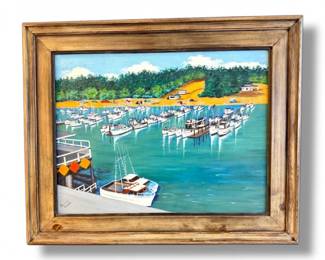 72 VintageDepotBayHarborPaintingSignedGwenGuessFramed
