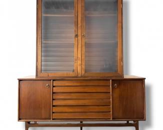 52 VintageMidCenturyModernStanleyCredenzaGlassDisplayHutch2pc