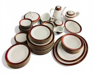 154 NoritakeGoldmereRedGoldBandChinaSetJapan77pc