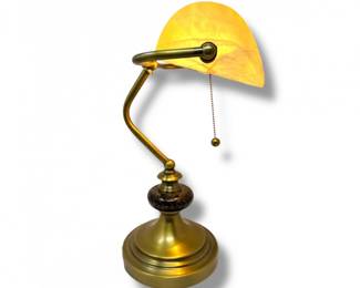 138 BrassDeskLampwAlabasterStyleShadePullChain