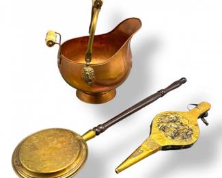 139 VintageFireplaceToolsSetScuttleBucketBellowsBedWarmer