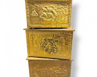 140 VintageEmbossedMetalCoalBoxesSetof3StorageTrunks