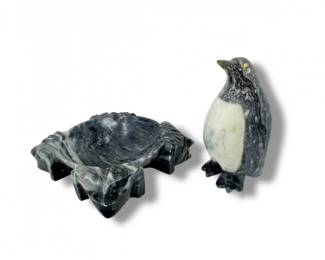 77 GreyStoneAztecStyleAshtraywMatchingPenguinFigurine