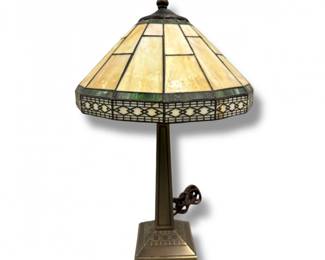 71 1990sTiffanyArtDecoStyleLampGeometricStainedGlassShade