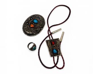 56 SouthwestStyleBoloTieBeltBuckleRingSetwStoneInlay