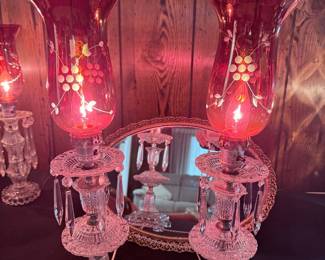 Pair of Victorian Cranberry Glass Mantle Lustres with Crystal Prisms