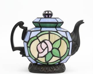 Tiffany Style Stained Glass Teapot Lamp with Rose Motif