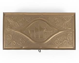 Antique Brass Etched Jewelry Box with Pagoda and Deer Motifs