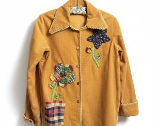 Handmade Corduroy Jacket with Appliqué Flowers and Crochet Trim
