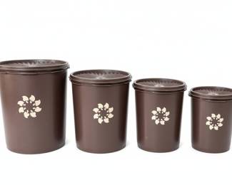 Vintage Brown Tupperware Canister Set with Floral Motif