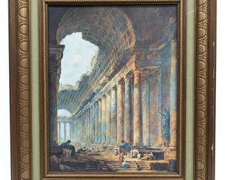 Hubert Robert "The Old Temple" Print in Walnut Frame