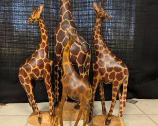 Set of Four Hand-Carved Wooden Giraffes