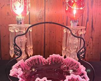 Victorian Cranberry Glass Bride's Basket with Enameled Lamps