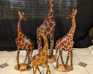 Set of Four Hand-Carved Wooden Giraffes