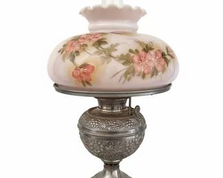 Victorian Style Hand-Painted Oil Lamp with Pink Floral Motif