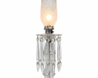 Antique Crystal Hurricane Lamp with Frosted Glass Shade and Prisms