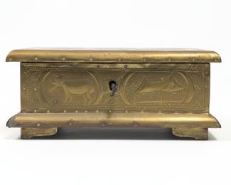 Antique Brass Etched Jewelry Box with Pagoda and Deer Motifs