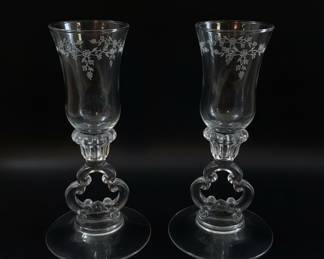 Pair of Cambridge Etched Glass Candlestick Holders Pattern Rose Points