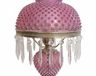 Pink Hobnail Fenton Glass Oil Lamp with Prisms