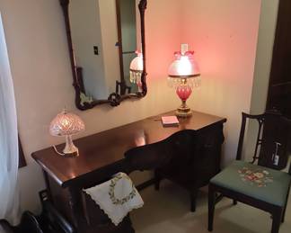 Victorian Walnut Vanity with Mirror and Stool