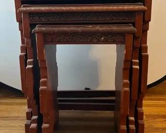 Set of Three Carved Asian Nesting Tables Solid Wood