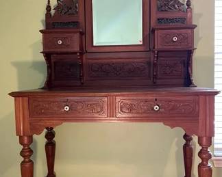 Antique Carved Wood Dressing Table With Mirror Storage