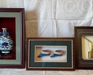 Set of 3 Framed Shadow Box Art Pieces Vase, Shoes Pipe