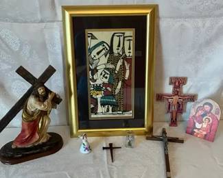 Sadao Watanabe Style Print With Religious Figurines Crosses