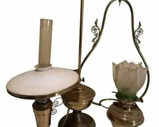 Vintage Brass Oil Lamps With Milk Glass Etched Shade