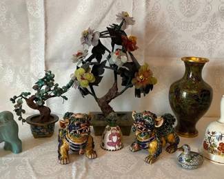 Asian Decor Collection Cloisonne, Foo Dogs, Jade Style Trees Ceramic Accents