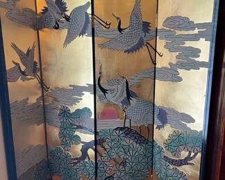 FourPanel Asian Folding Screen With Cranes Gold Leaf Design