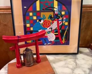 Framed Japanese Style Print With Bronze Temple Bell